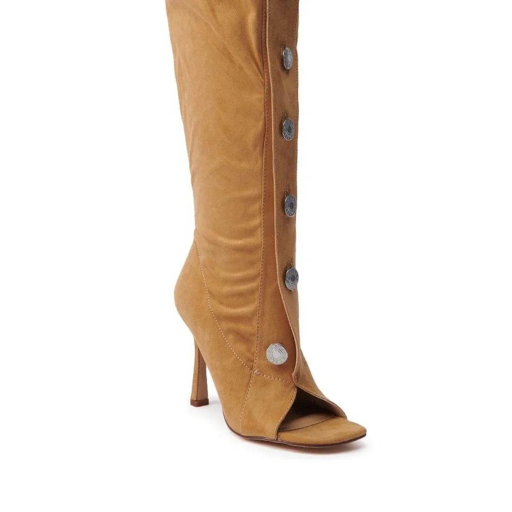 Azalea Wang Tan Kazuki Mid Calf High Boots Button Detail Open Toe Statement Heel